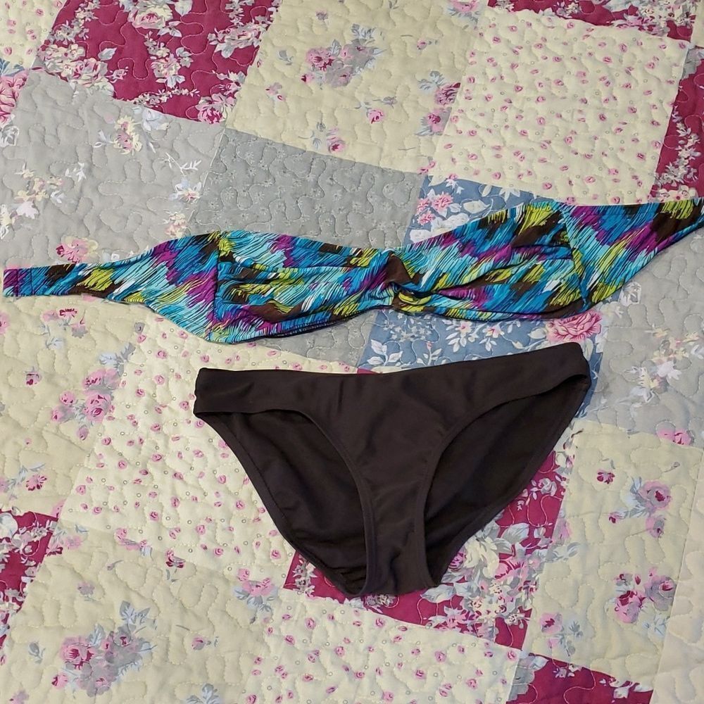 Strapless Bikini Top Sz M & Brown Bottoms Sz XS 623